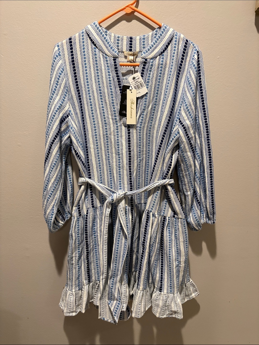 Shoshanna Blue & White Striped Umbrella Mini Dress with Waist Tie